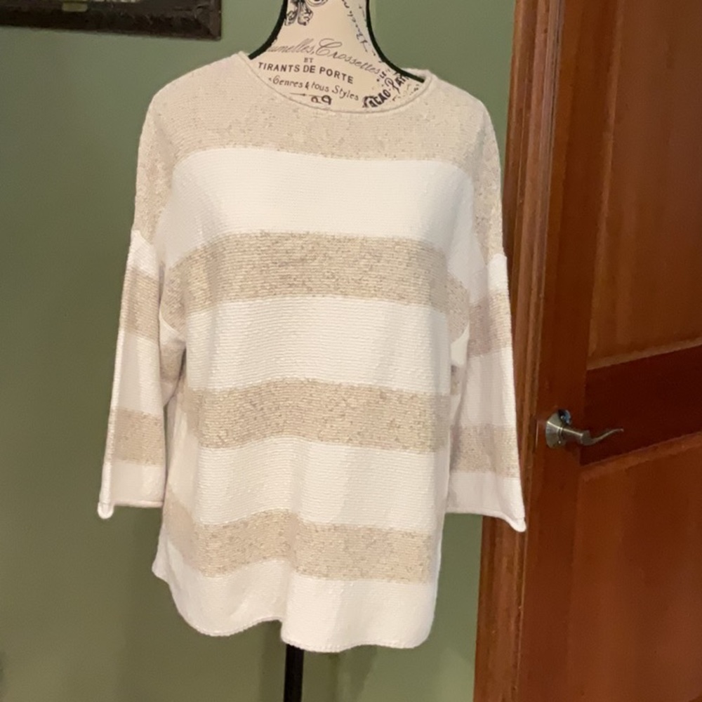 Striped Beige and White Women's Tunic Top Size Small Tall